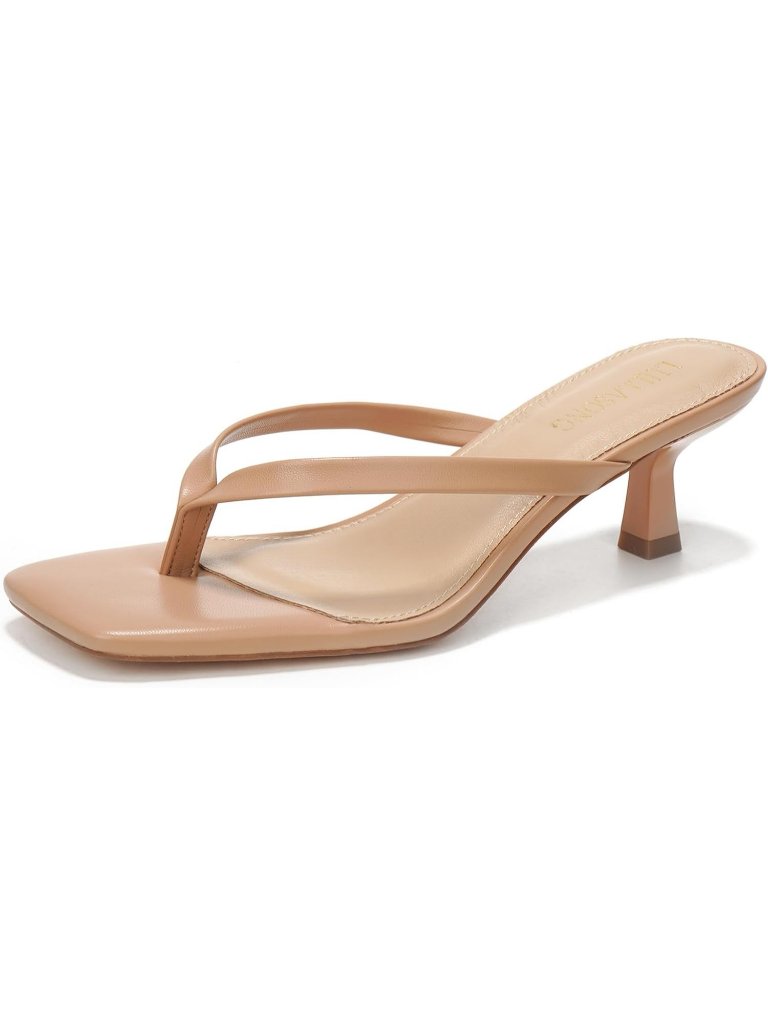 Women's Nude Faux Leather Square Open Toe Flip Flop Kitten Heel Sandals